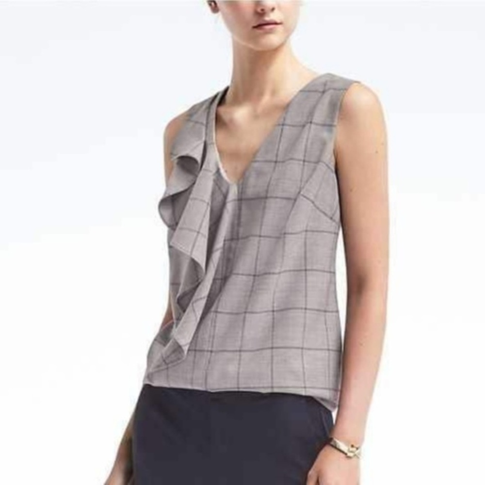 NWT Banana Republic Gray Plaid Ruffle Front Top